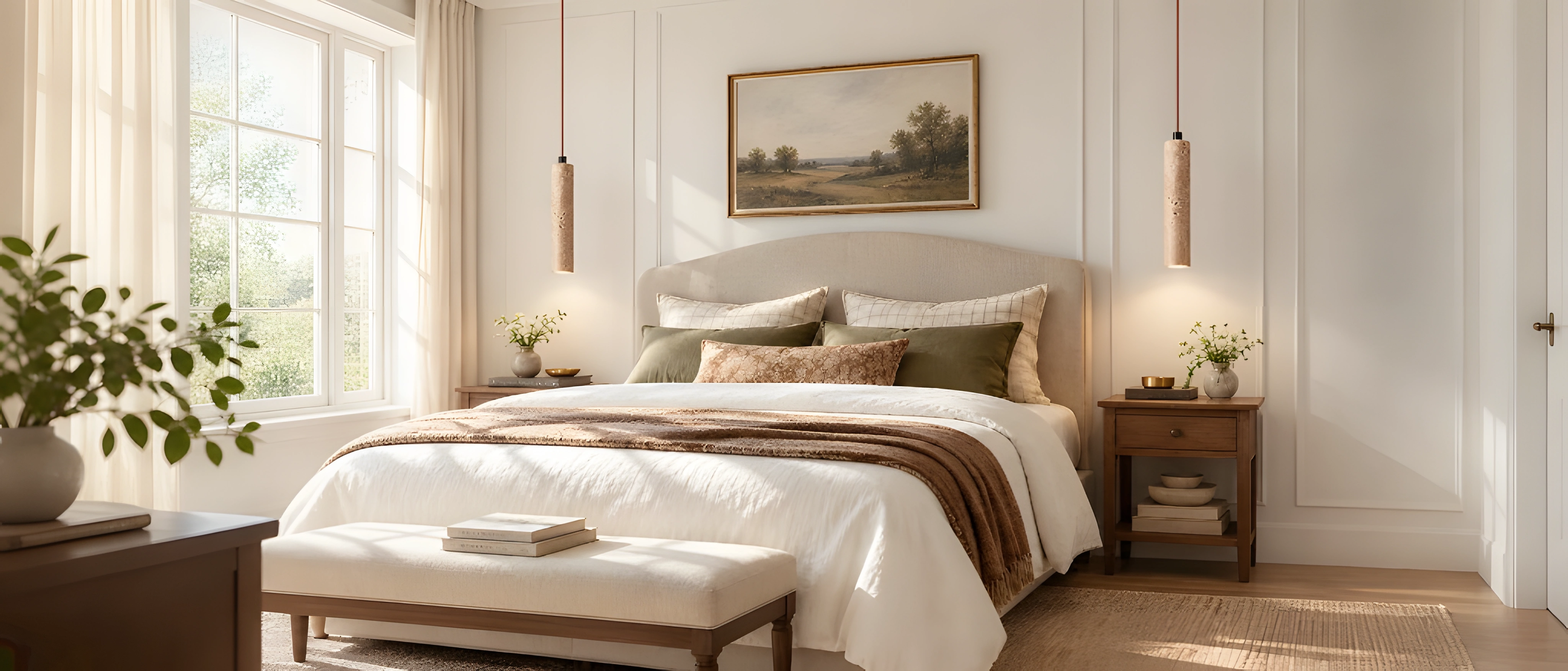 Stone tube pendant lights above a bedroom