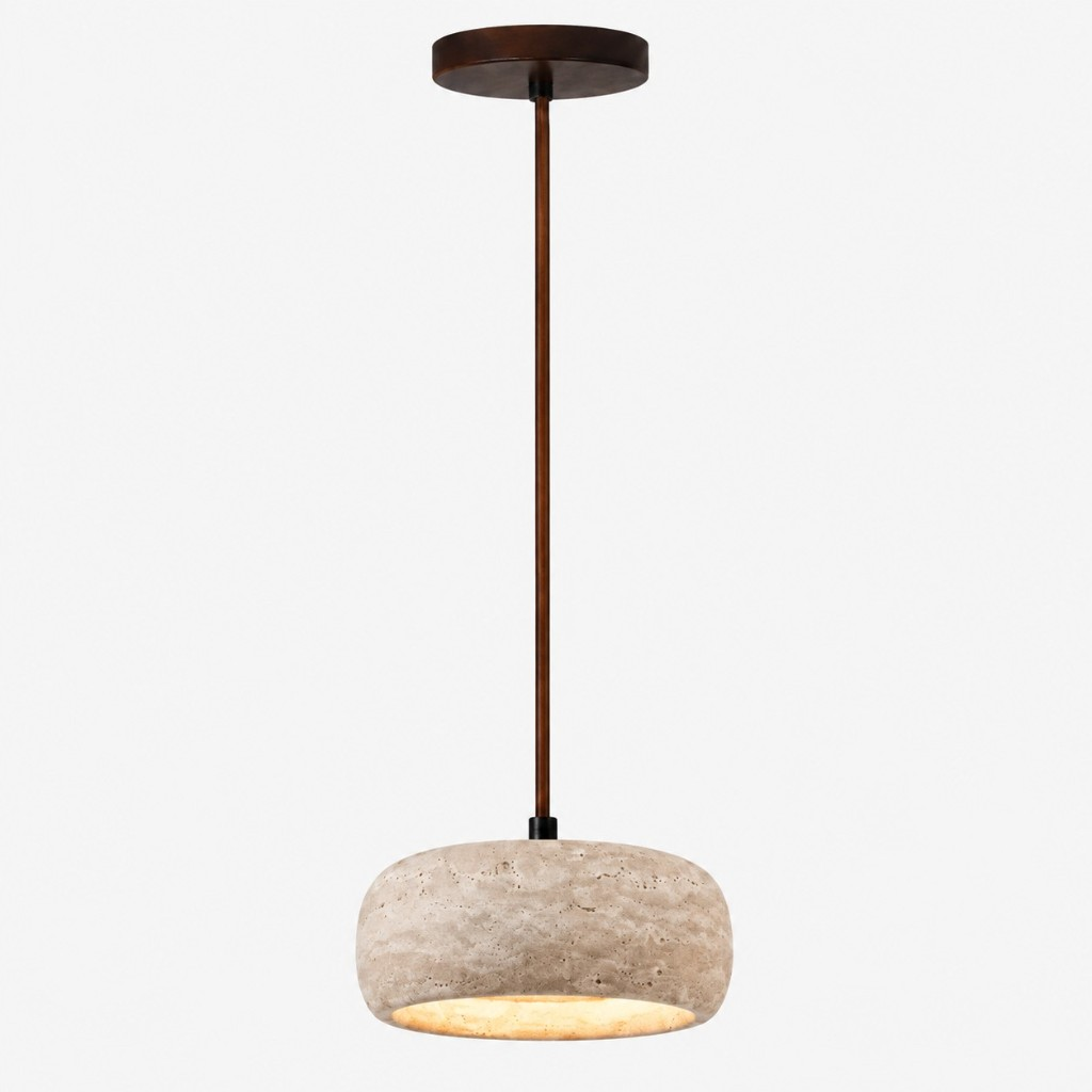 Smaller cream travertine rounded pendant on a round canopy