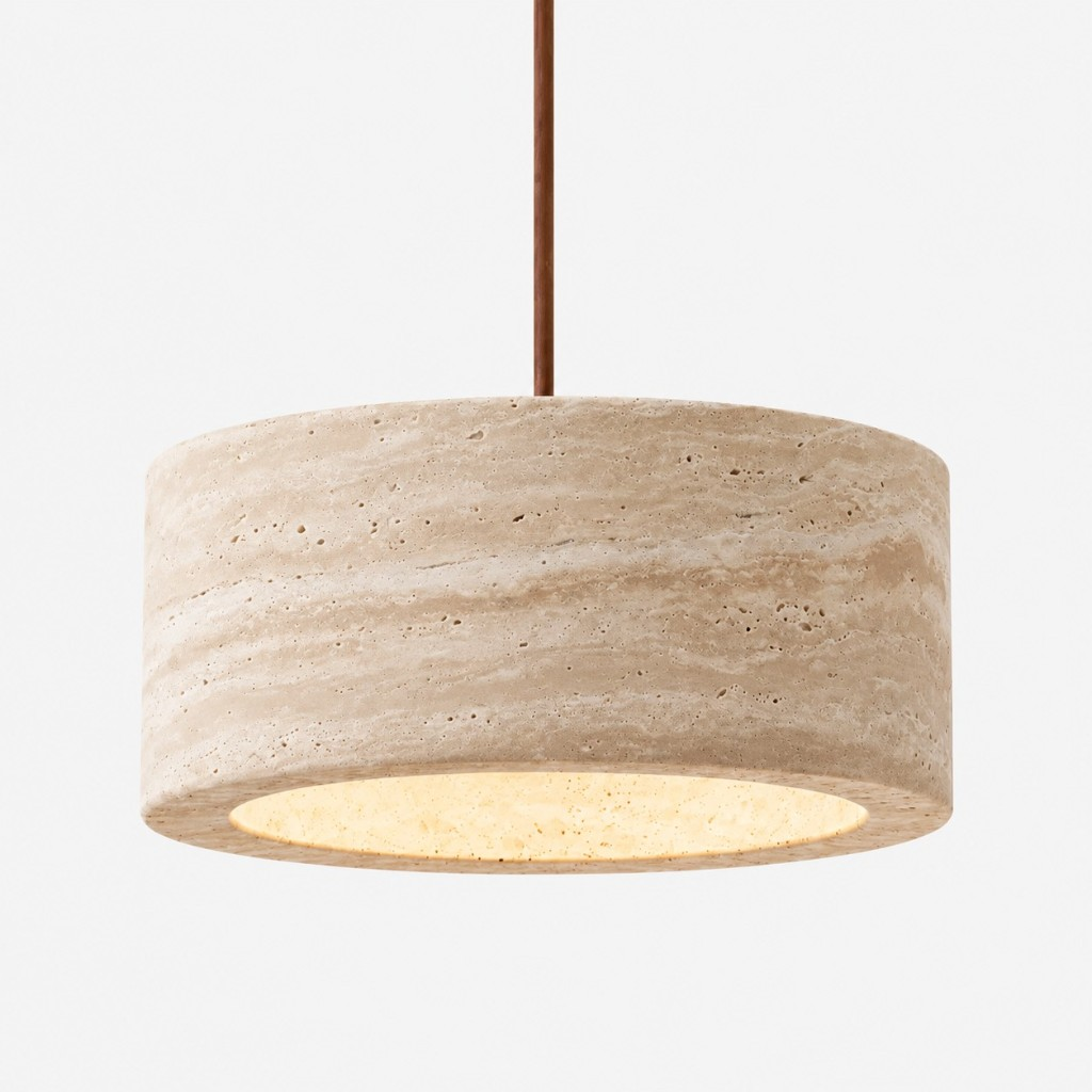 Large cream travertine drum pendant