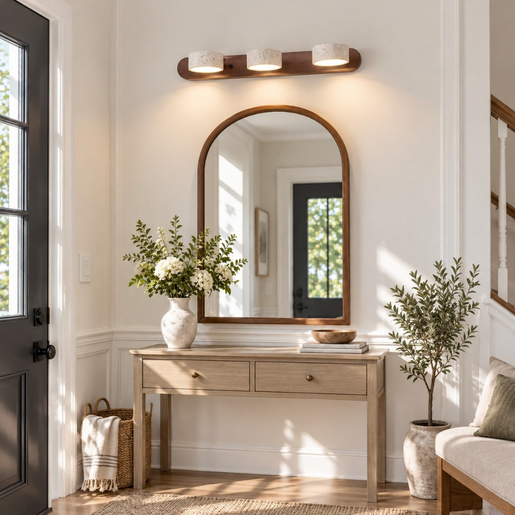 Walnut three-light wall sconce in an entryway