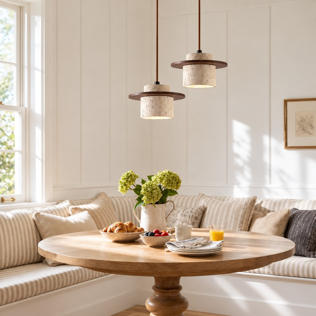 Walnut disc pendant lights above a breakfast table