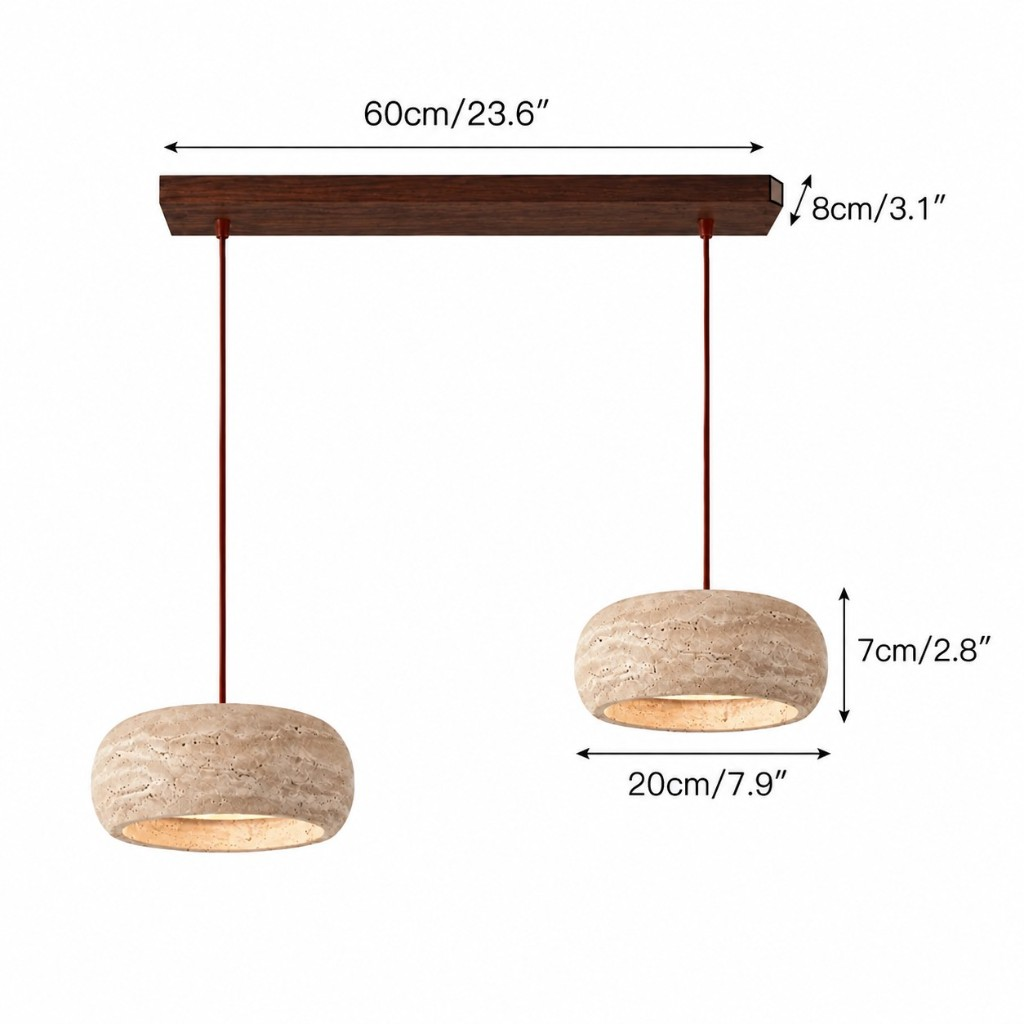Two-light rounded pendant dimensions, 60 cm bar and 20 cm shade