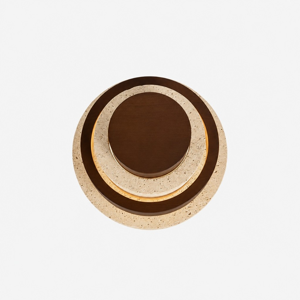 Top view of the stacked travertine and walnut bands
