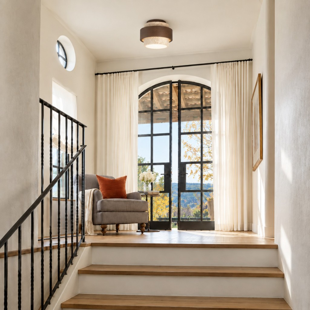 Stacked band ceiling light above a stair landing