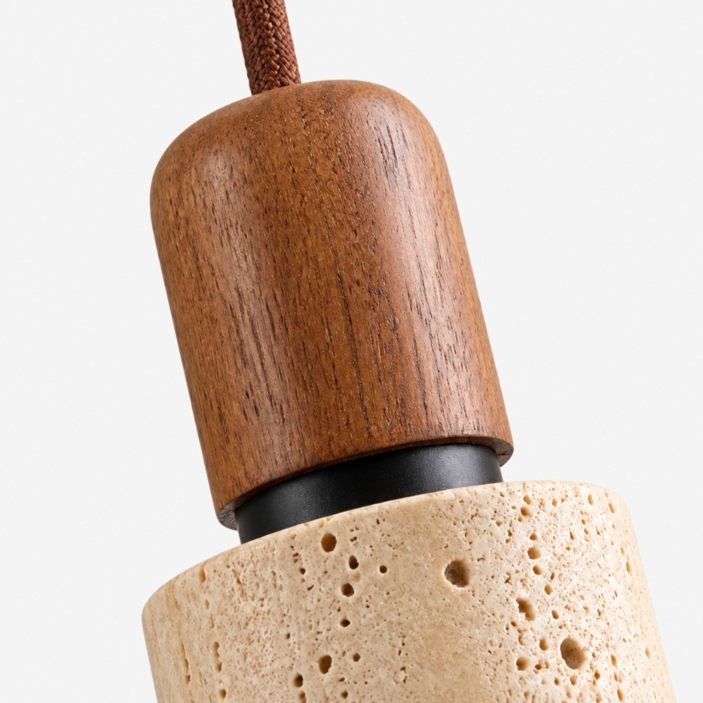Close view of the wood accent and travertine shade
