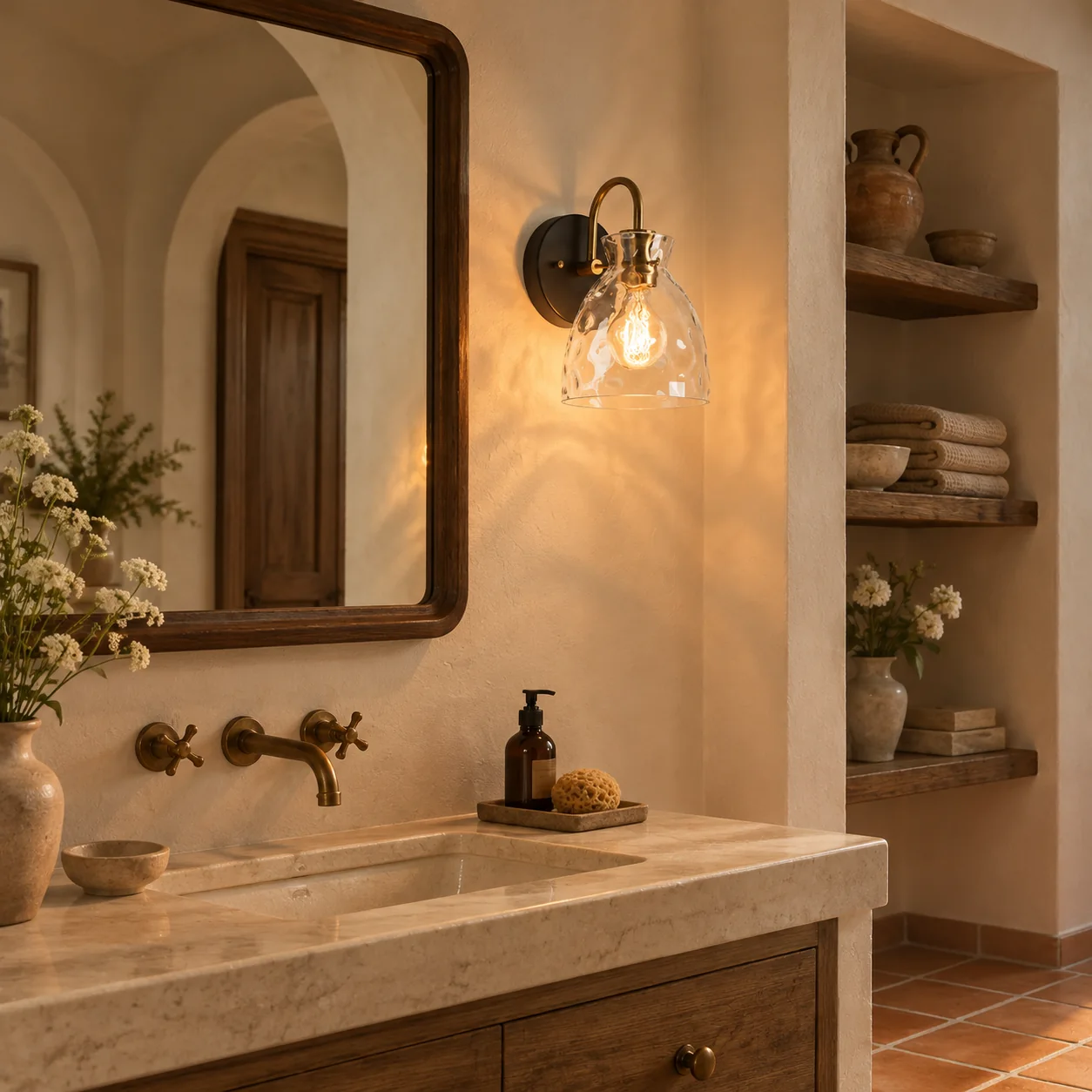 Textured Glass Wall Sconce with a clear shade and a curved arm - New2609-1024567 scene 4