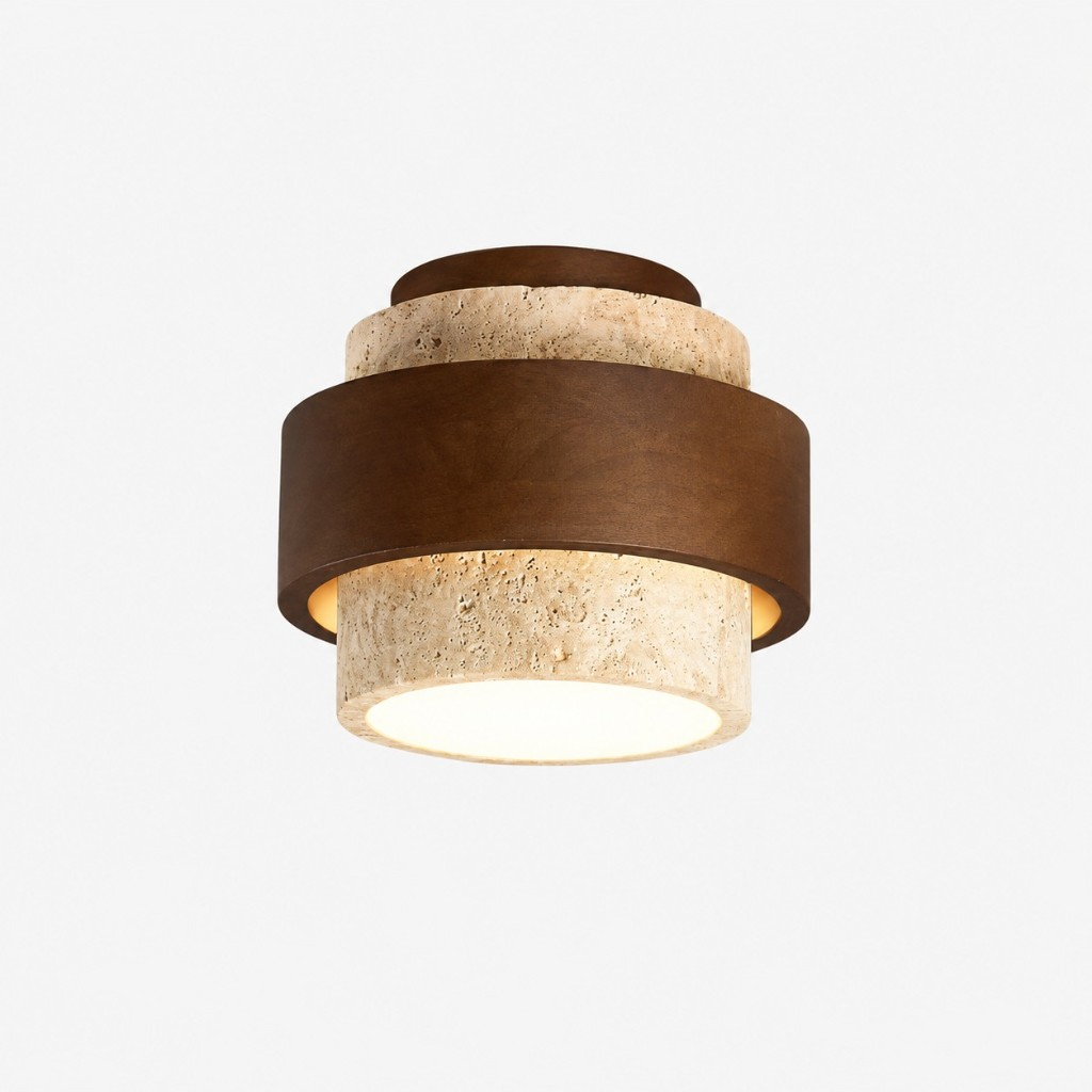 Stacked band travertine and walnut ceiling light