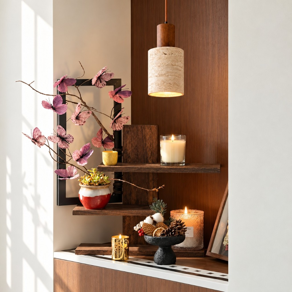 Single cylinder pendant light above a wood shelf
