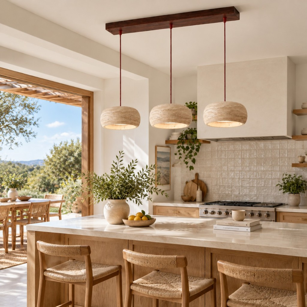 Three rounded travertine pendants over a kitchen island