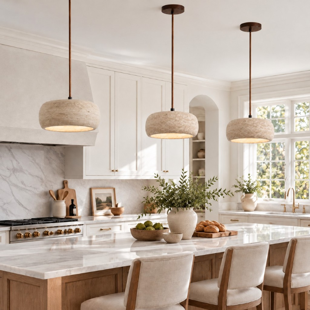 Three rounded travertine pendants with round canopies