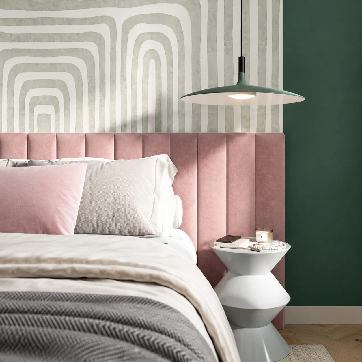 Green disc pendant above a pink bedroom