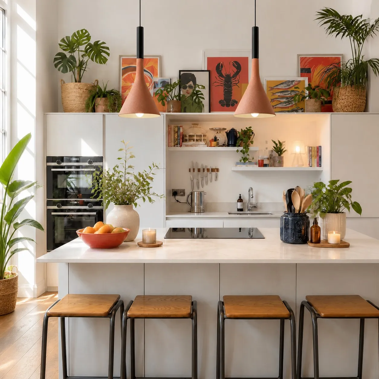 Brick red conical pendants above a kitchen island