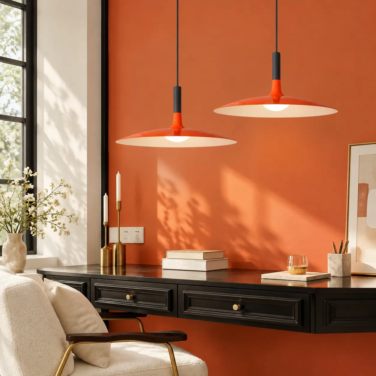 Orange disc pendant lights above a console desk