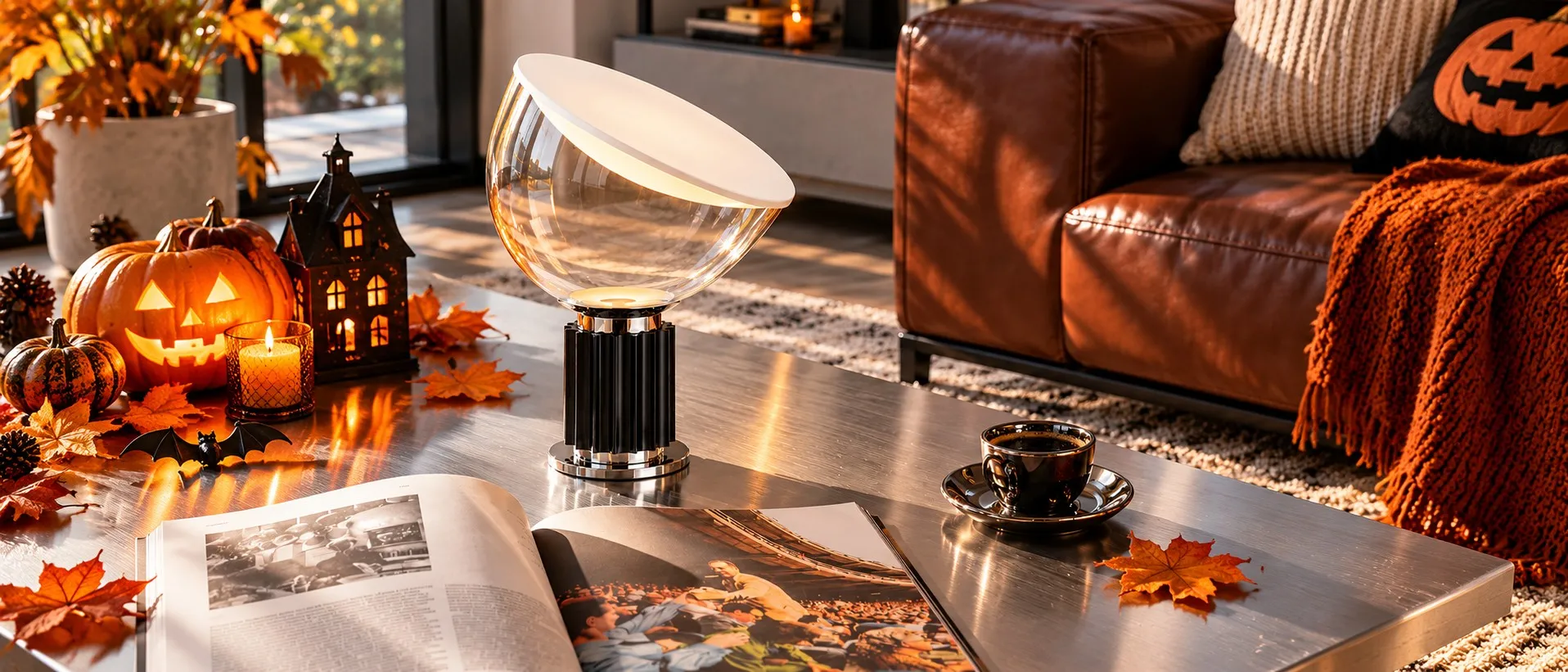Orange sculptural table lamp in a warm autumn interior