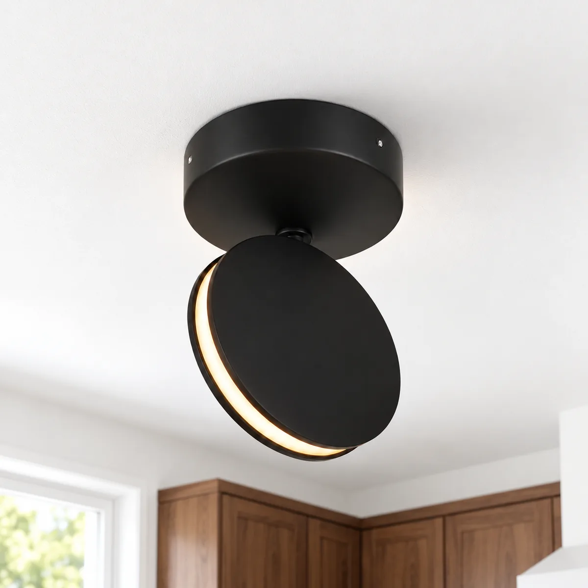 Black aluminium disc LED mounted on the ceiling